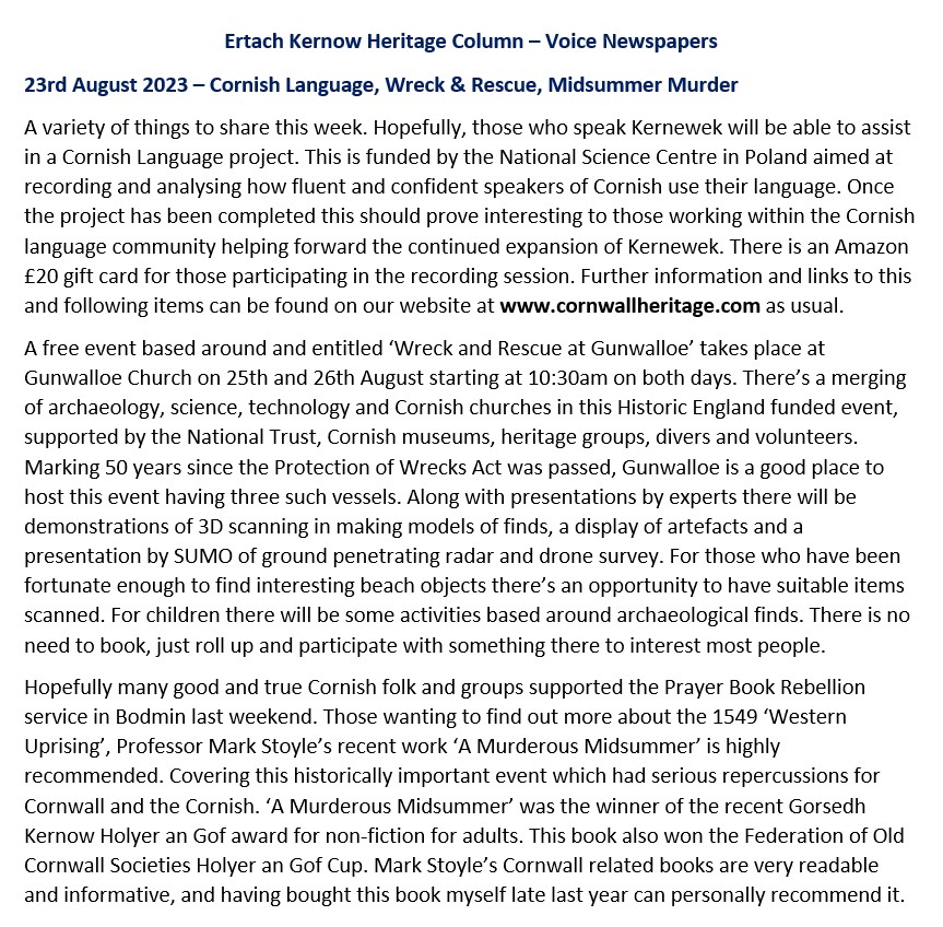 Ertach Kernow Heritage Column - 23rd August 2023 - Cornish Language, Wreck & Rescue, Midsummer Murder