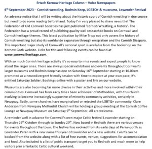 Ertach Kernow Heritage Column - 6th September 2023 - Cornish wrestling, Bodmin Keep, LGBTQ+ & museums, Lowender Festival