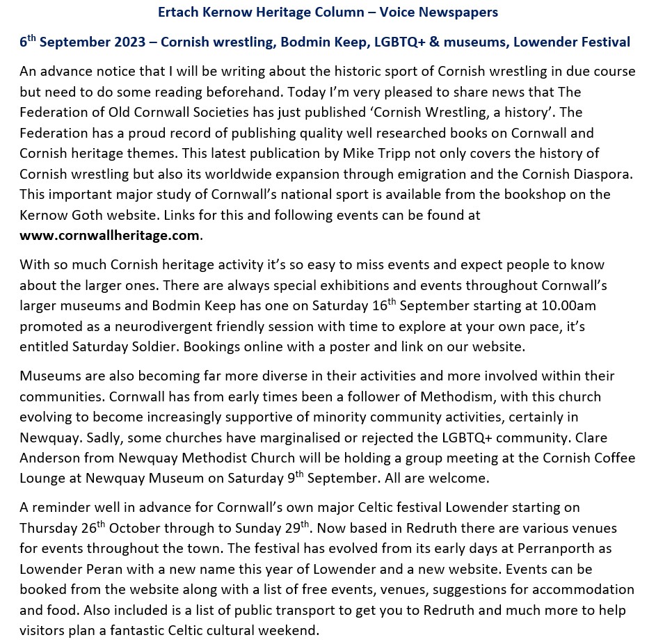 Ertach Kernow Heritage Column - 6th September 2023 - Cornish wrestling, Bodmin Keep, LGBTQ+ & museums, Lowender Festival