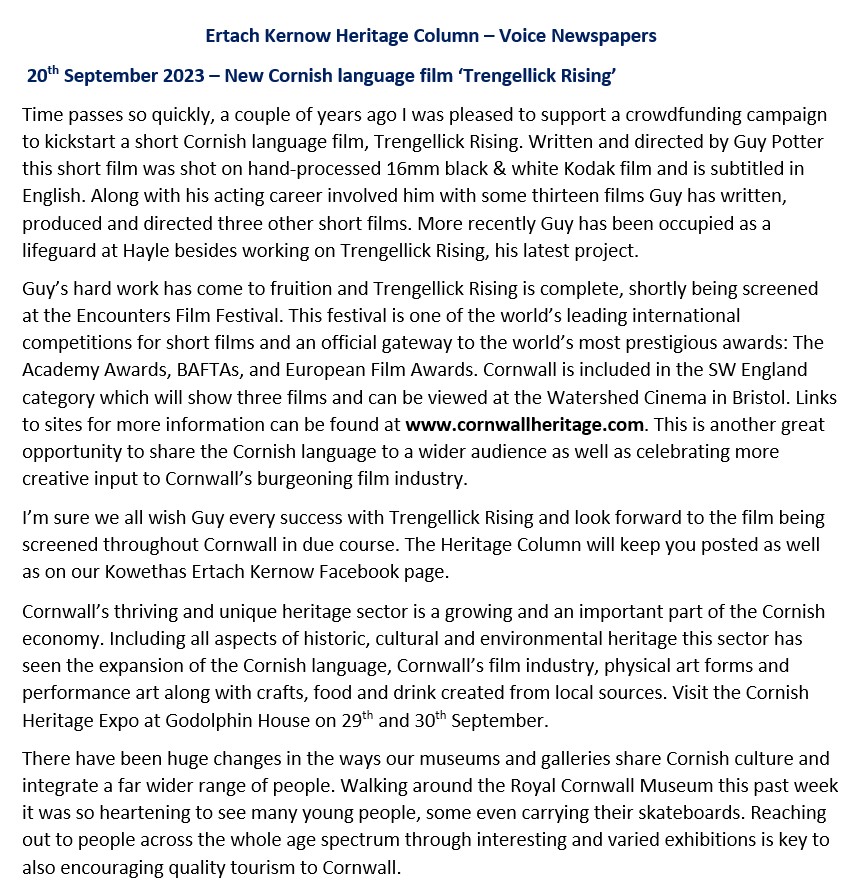 Ertach Kernow Heritage Column - 20th September 2023 - 'Trengellick Rising' a new Cornish language film
