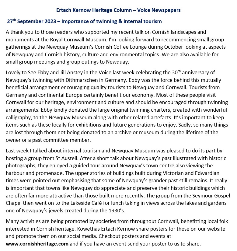 Ertach Kernow Heritage Column - 27th September 2023 - Importance of twinning & internal tourism