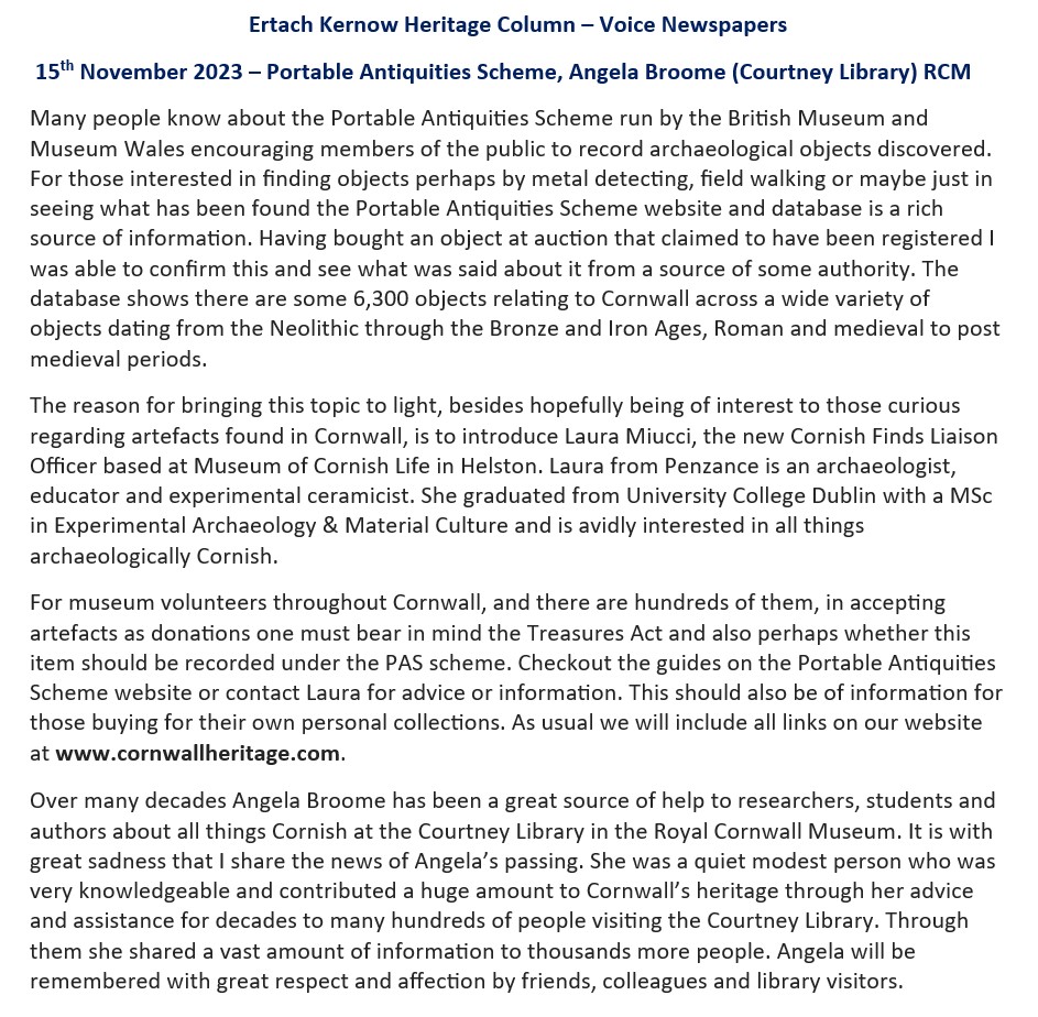 Ertach Kernow Heritage Column - 15th November 2023 - Portable Antiquities Scheme, Angela Broome (Courtney Library) RCM