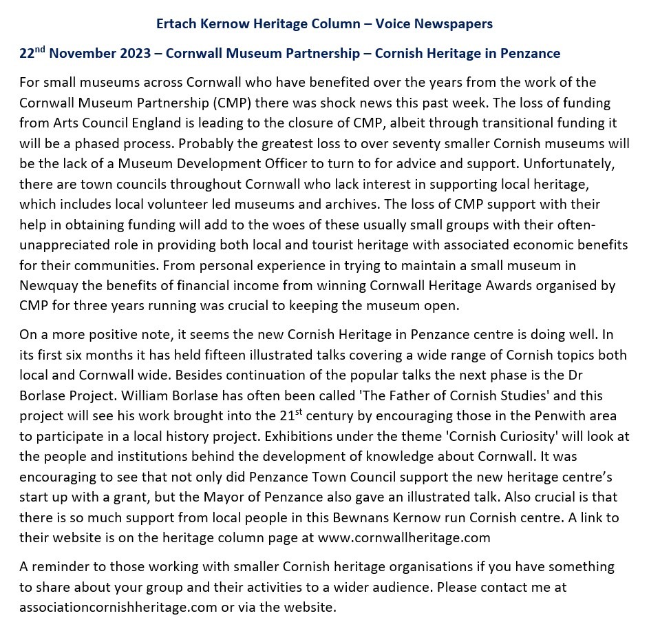 Ertach Kernow Heritage Column - 22nd November 2023 - Cornwall Museum Partnership, Cornish Heritage in Penzance