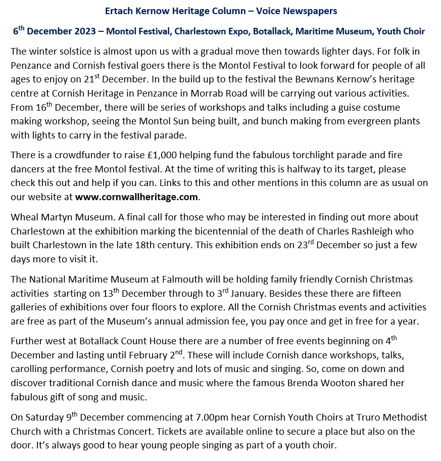 Ertach Kernow Heritage Column - 6th December 2023 - Montol Festival, Charlestown Expo, Botallack, Maritime Museum, Youth Choir
