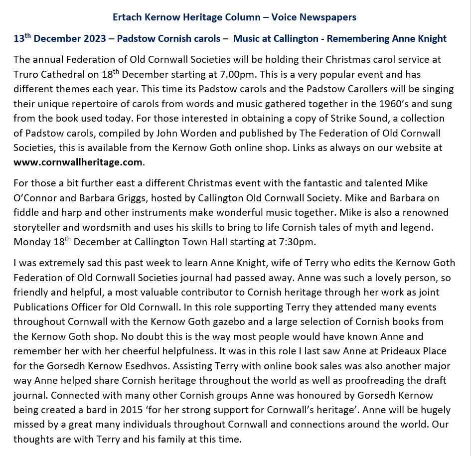 Ertach Kernow Heritage Column - 13th December 2023 - Padstow Carols, Callington Music, Remembering Anne Knight