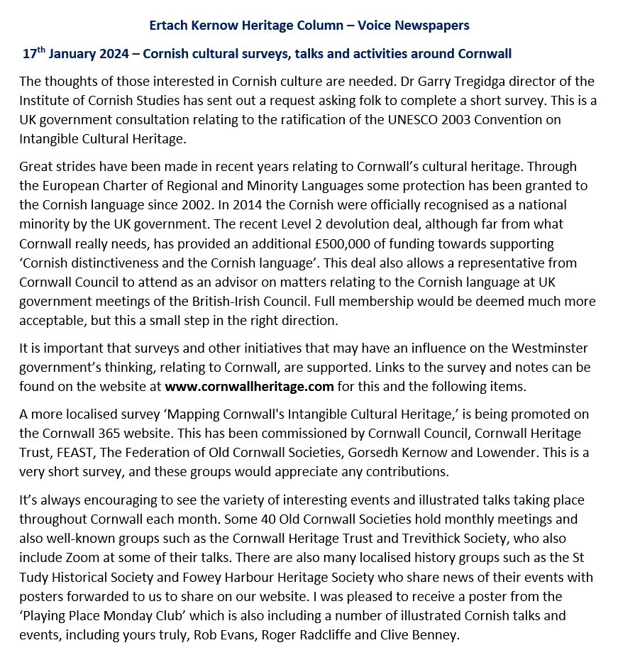 Ertach Kernow Heritage Column - 17.01.2023 - Cornish cultural surveys, talks and activities around Cornwall