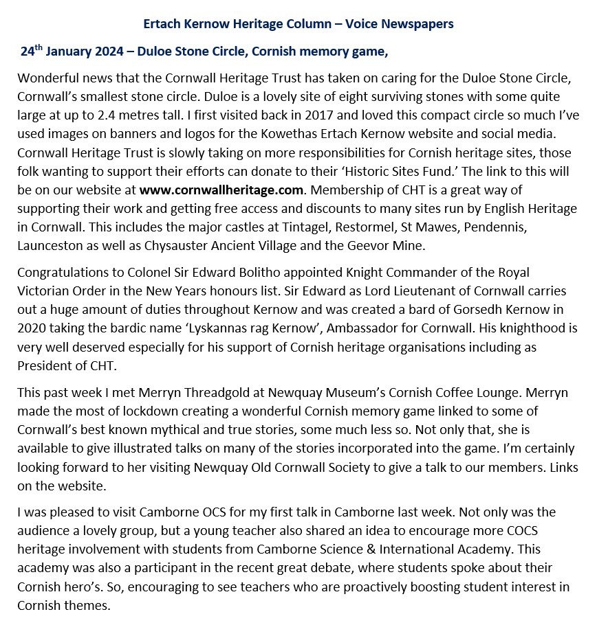 Ertach Kernow Heritage Column - 24th January 2024 - Duloe Stone Circle & Cornish memory game