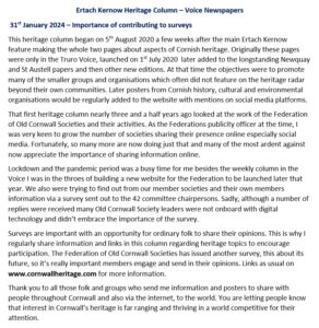 Ertach Kernow Heritage Column - 31st January 2024 - Federation of Old Cornwall Societies Survey