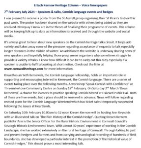 Ertach Kernow Heritage Column - 7th February 2024 - St Piran's Festivals, Kowethas an Yeth Kernewek, Cornish hedge talk
