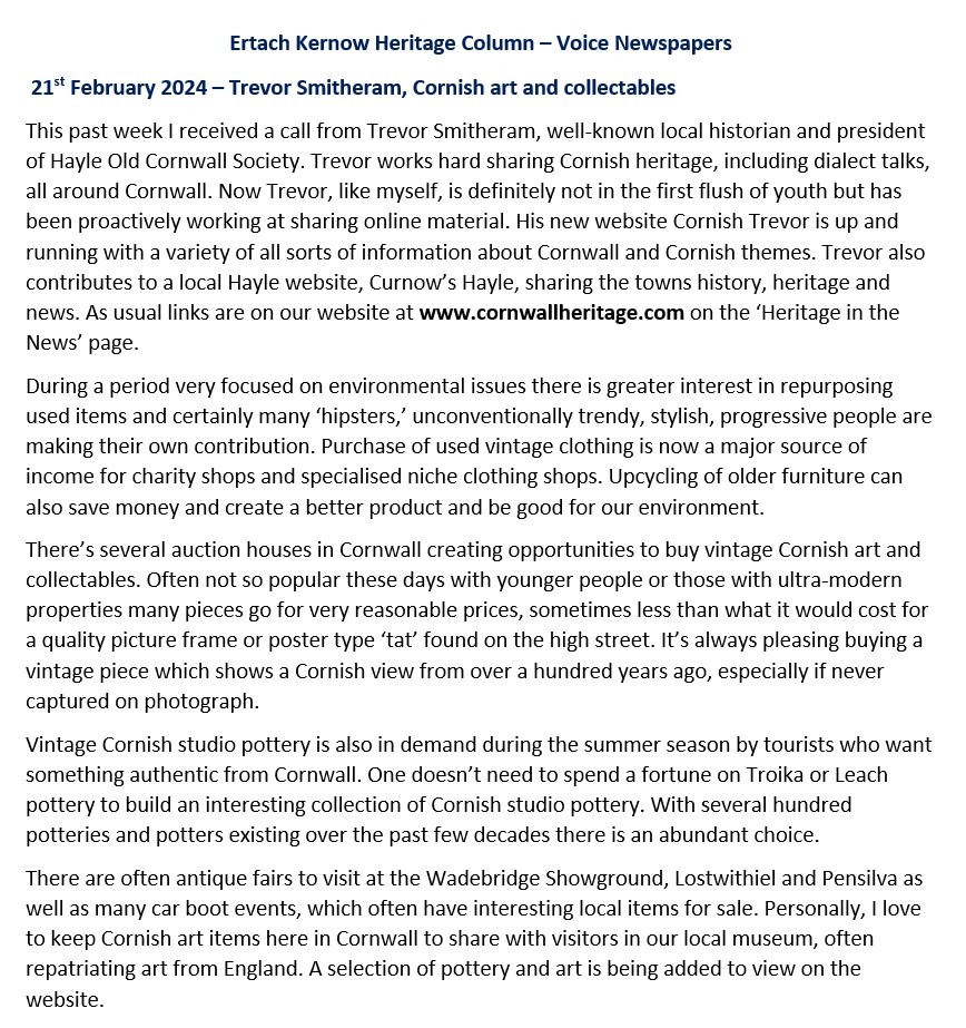 Ertach Kernow Heritage Column - 21st February 2024 - Trevor Smitheram, Cornish art and collectables