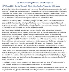 Ertach Kernow Heritage Column - 13th March 2024 - Spirit of Cornwall, ‘Music of the Roseland’, Lowender Celtic Music
