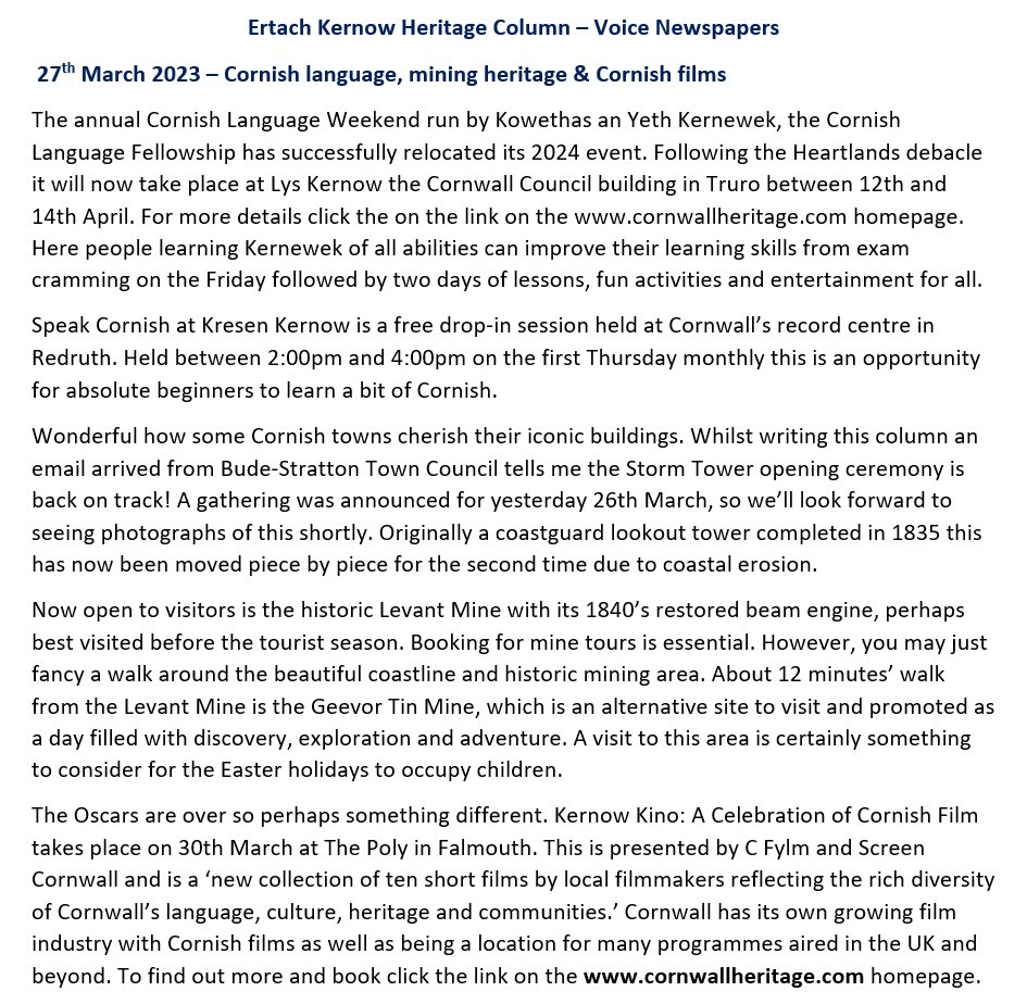 Ertach Kernow Heritage Column - 27th March 2024 - Cornish language, iconic Bude building, mining heritage & Cornish films