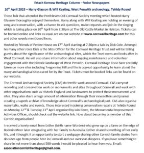 Ertach Kernow Heritage Column - 10th March 2024 - Harry Glasson & Will Keating, West Penwith archaeology, Tehidy Round