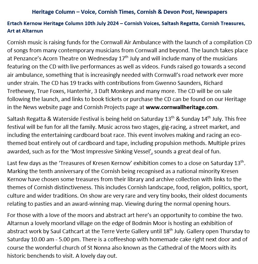 Ertach Kernow Heritage Column - 10th July 2024 - Cornish Voices, Saltash Regatta, Cornish Treasures, Art at Altarnun