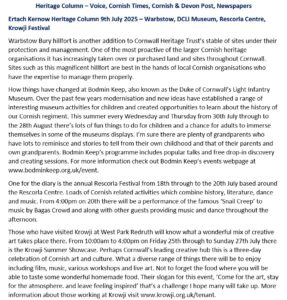 Ertach Kernow Heritage Column – 9th July 2025 – Warbstow, DCLI Museum ...