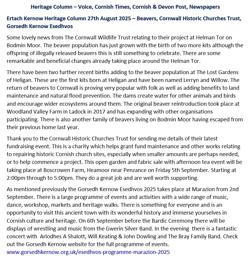 Ertach Kernow Heritage Column - 27th August 2025 - Beavers, Cornwall Historic Churches Trust, Gorsedh Kernow Esedhvos