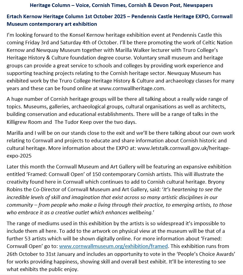 Ertach Kernow Heritage Column - 1st October 2025 - Pendennis Castle Heritage EXPO, Cornwall Museum contemporary art exhibition