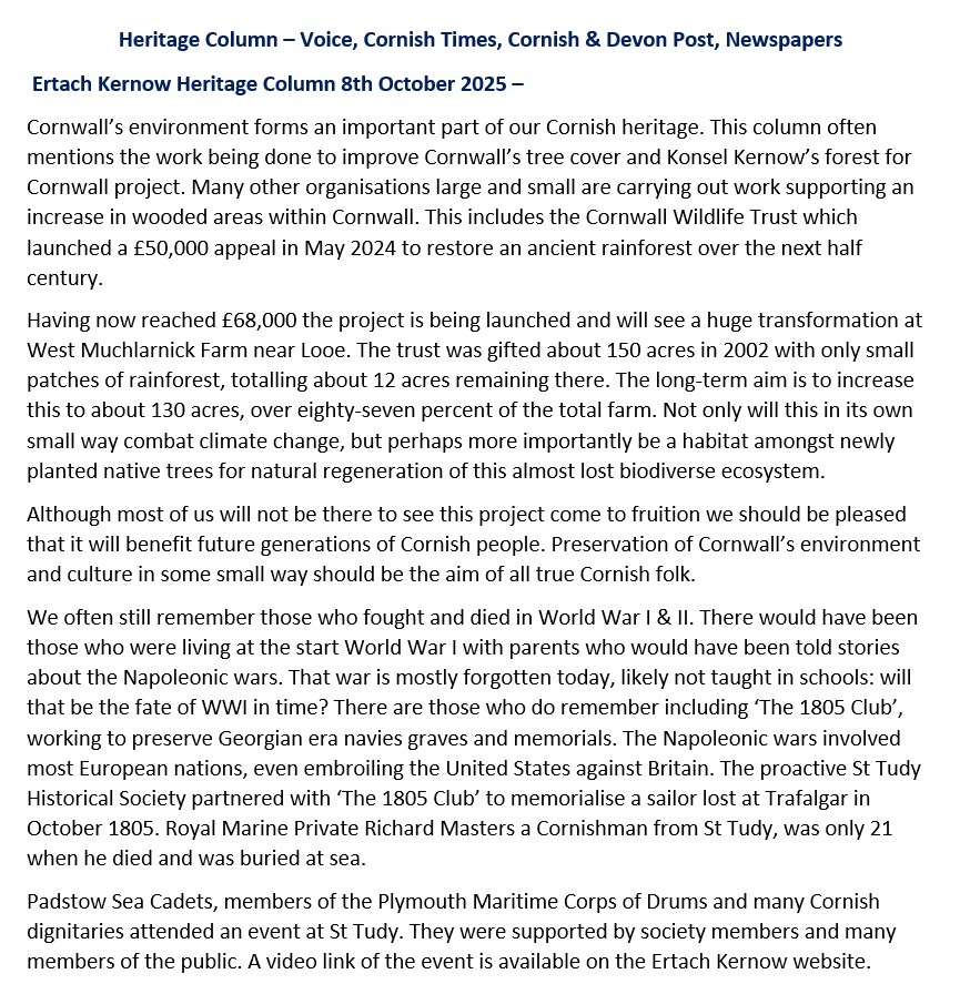 Ertach Kernow Heritage Column - 8th October 2025 - Forestation in Cornwall, St Tudy memorial