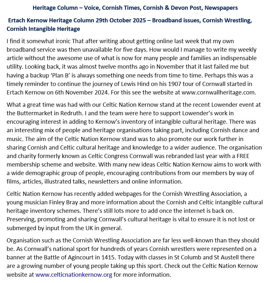Ertach Kernow Heritage Column 29th October 2025 – Broadband issues, Cornish Wrestling, Cornish Intangible Heritage