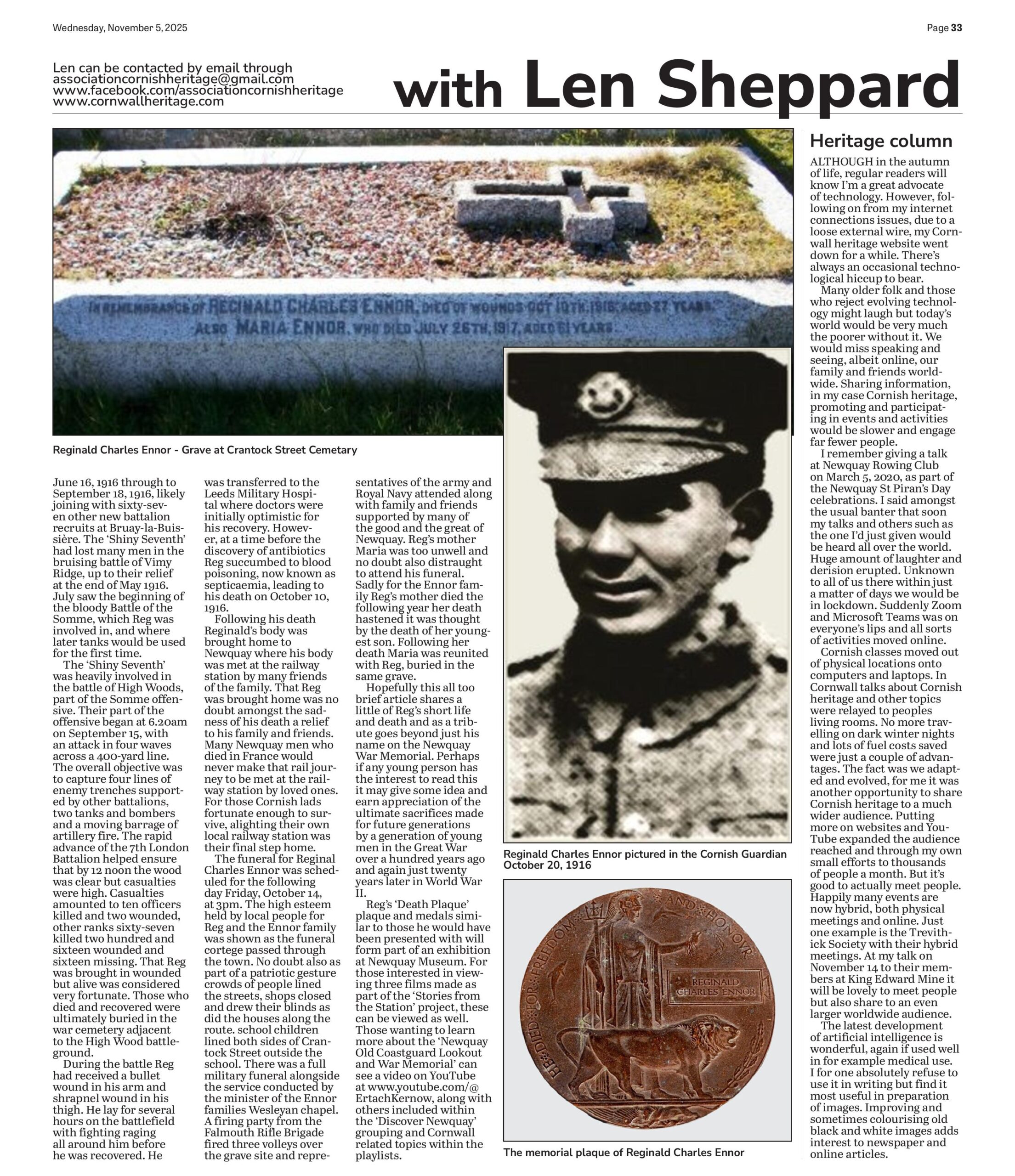 Remembering the fallen a Newquay lad in WWI