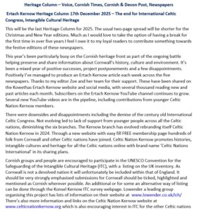 Ertach Kernow Heritage Column - 17th December 2025 – The end for International Celtic Congress, Intangible heritage