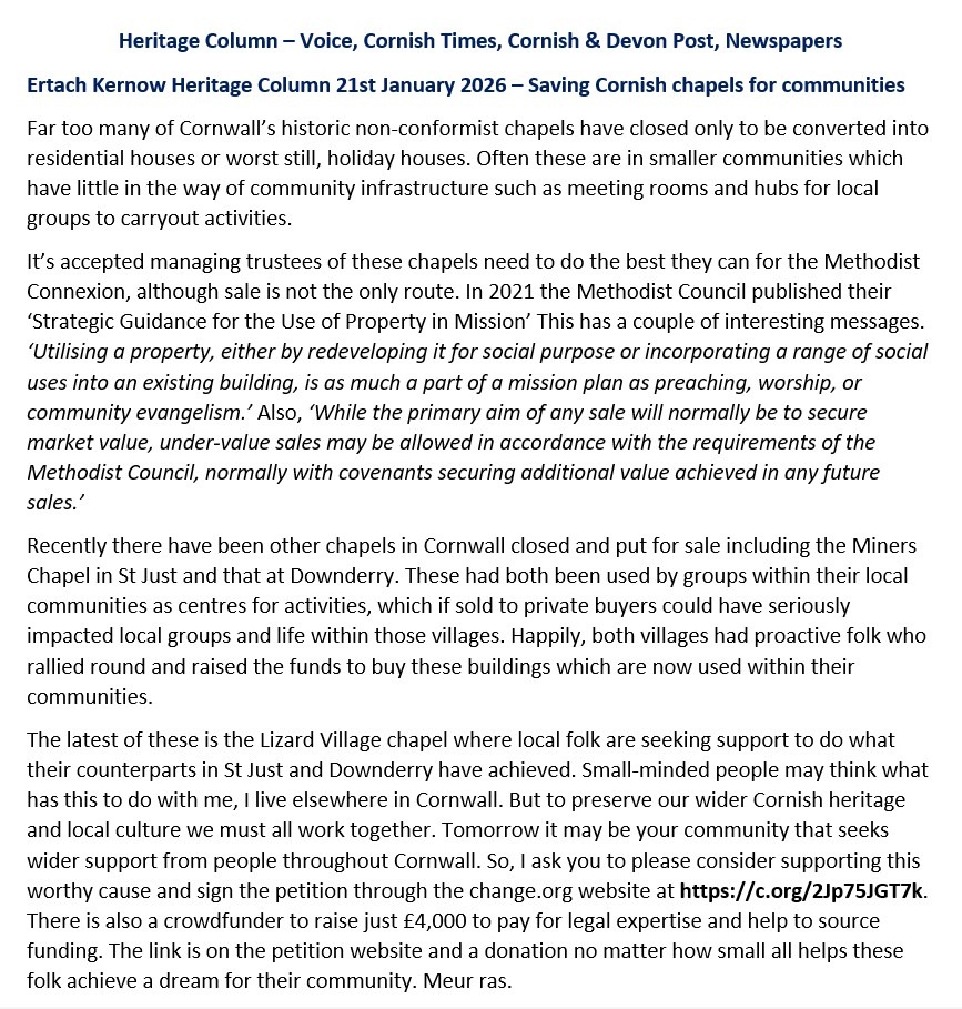 Ertach Kernow Heritage Column 21st January 2026 – Saving Cornish chapels for communities