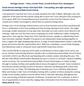 Ertach Kernow Heritage Column 22nd April 2026 – Free parking, late night opening and Cornwall International Male Choral Festival