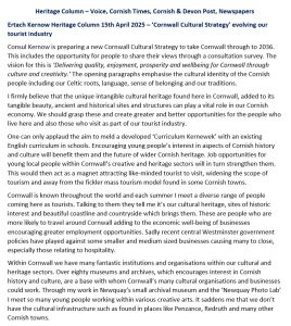 Ertach Kernow Heritage Column 15th April 2025 – ‘Cornwall Cultural Strategy’ evolving our tourist industry