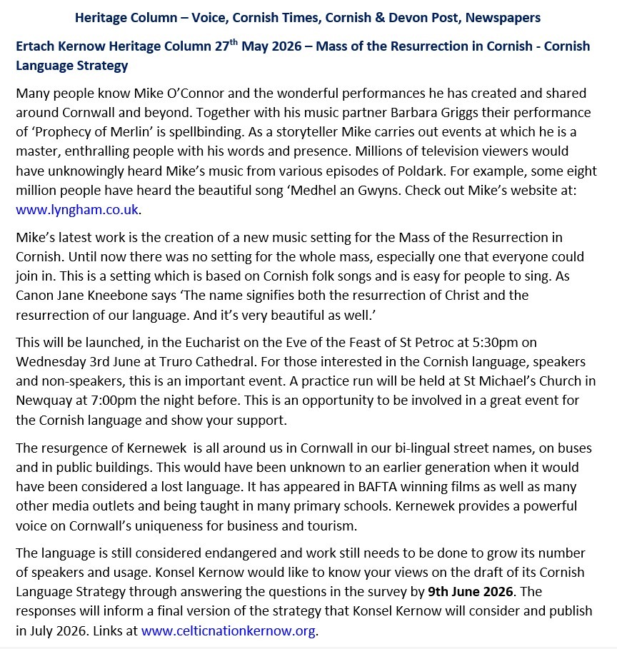 Ertach Kernow Heritage Column 27th May 2026 – Mass of the Resurrection in Cornish - Cornish Language Strategy
