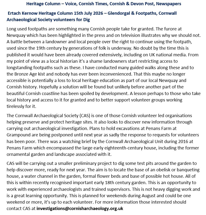 Ertach Kernow Heritage Column 15th July 2026 – Glendorgal & Footpaths, Cornwall Archaeological Society volunteers for dig