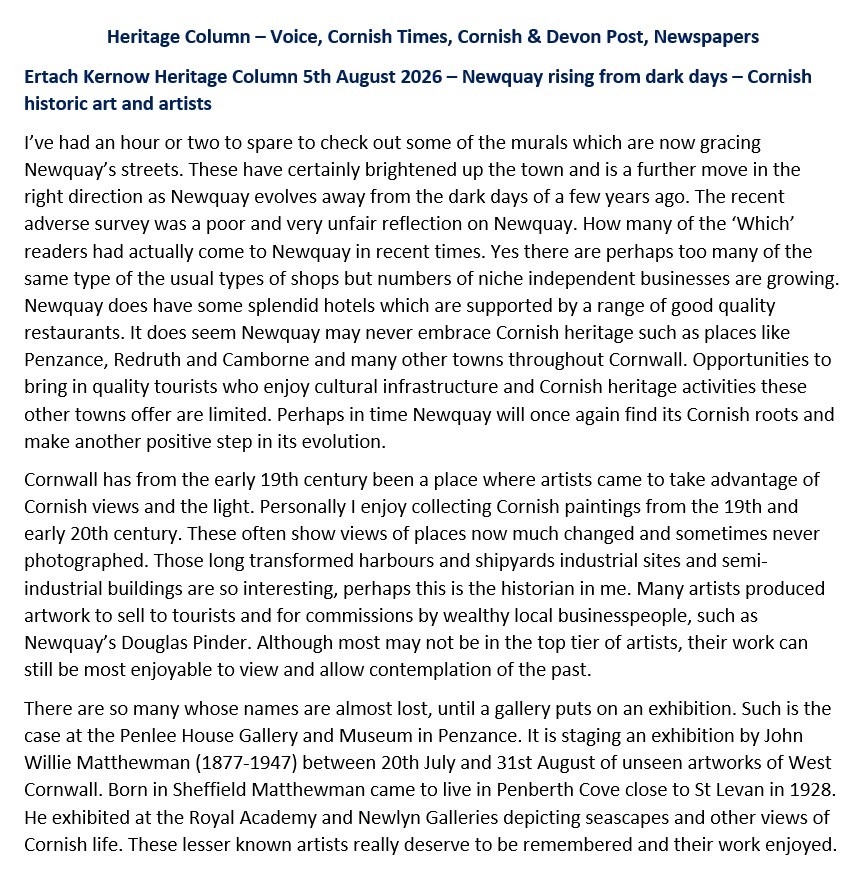 Ertach Kernow Heritage Column 5th August 2026 – Newquay rising from dark days – Cornish historic art and artists