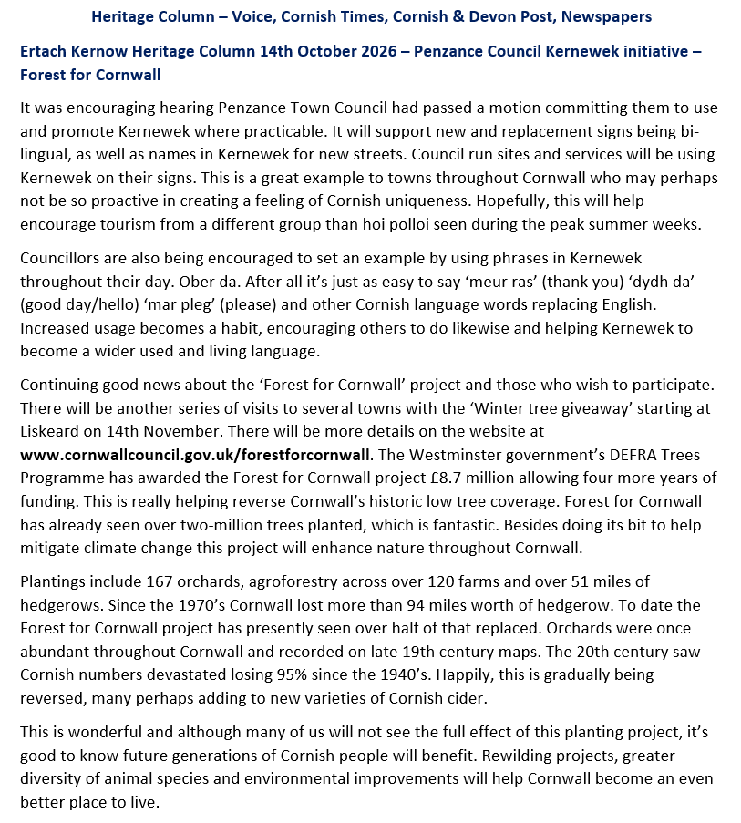 Ertach Kernow Heritage Column 14th October 2026 – Penzance Council Kernewek initiative – Forest for Cornwall